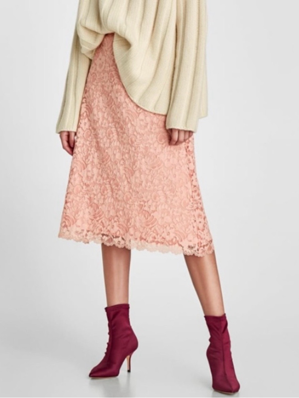 🌸ZARA Lace Midi Skirt - Blush Pink size L preppy cottagecore summer vacation